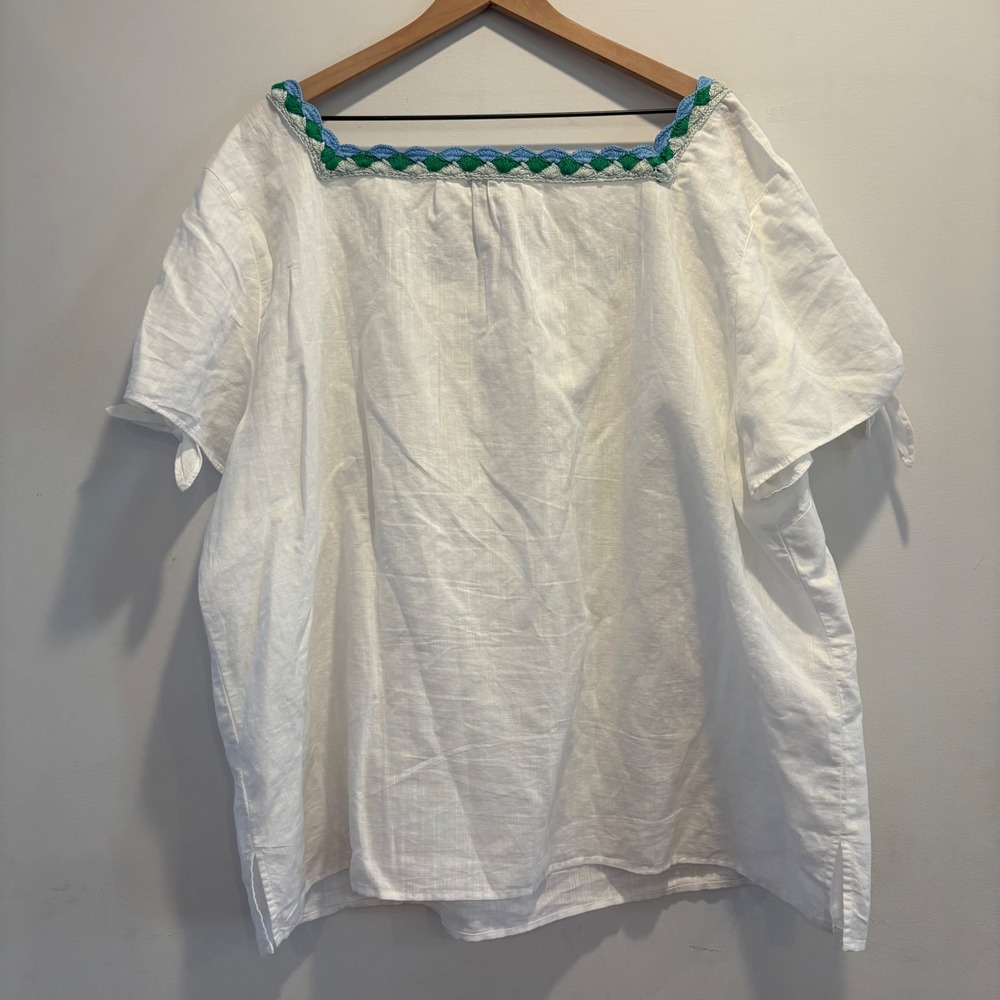 Talbots Women Plus 3X Crochet Trim Linen Top Resort Beachy Short Sleeve Popover - Picture 8 of 11